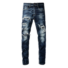 Side Straight Strips Rips Skinny Jeans #6905