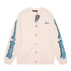 Cotton V-Neck Bones Cardigan Sweater Apricot