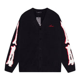 Cotton V-Neck Bones Cardigan Sweater Black