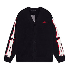 Cotton V-Neck Bones Cardigan Sweater Black