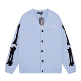 Cotton V-Neck Bones Cardigan Sweater Blue