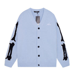 Cotton V-Neck Bones Cardigan Sweater Blue