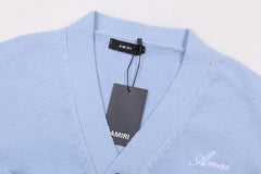 Cotton V-Neck Bones Cardigan Sweater Blue