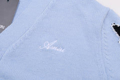 Cotton V-Neck Bones Cardigan Sweater Blue