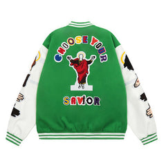 Loose Baseball Jacket With Embroidered Badge-Green