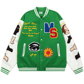 Loose Baseball Jacket With Embroidered Badge-Green