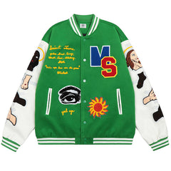 Loose Baseball Jacket With Embroidered Badge-Green