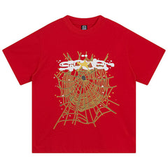 Spider Web Print Gothic Punk T-Shirt Red