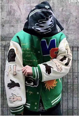 Loose Baseball Jacket With Embroidered Badge-Green