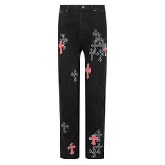 Chrome Hearts Fleur Knee Pink Checkered Crosses Jean