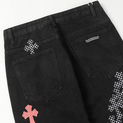 Chrome Hearts Fleur Knee Pink Checkered Crosses Jean